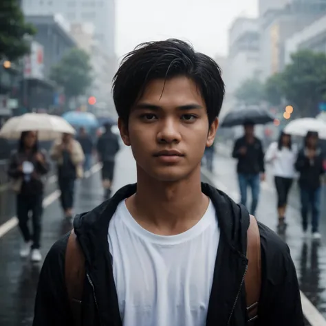 an 18 year old man from Indonesia wearing a white t-shirt, black jacket, brown skin, standing on the main road, people walking, heavy rain around him, very detailed texture, sharp eyes, realistic hair, hyperrealistic, very detailed,  this film was shot wit...