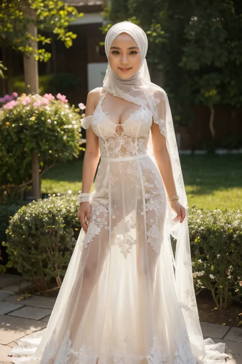 beautiful, cute baby face, 17 years old indonesian girl, ((wearing hijab)), wearing sexy wedding dress, cleavage cutout, medium ...