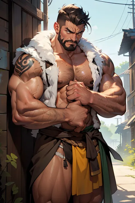 (Best Quality, 4k, 8K, high resolution, Masterpiece: 1.2), Kraven the Hunter, muscular giant, wearing a fur vest and loincloth, brown skin, bulging biceps, cracking knuckles, intense gaze, chest covered in intricate tattoos, broad shoulders, sweating, vein...