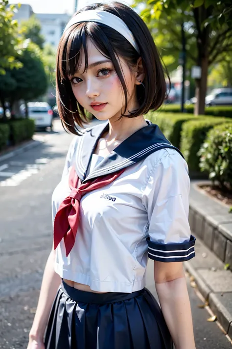 Body 8 times longer than head, (High-definition CG Unity 8K), (highest quality)，(very detailed)，(ultra high resolution), black hair, sailor suit, 紺色のsailor suit, sailor suitを着た女子高生, Dark blue skirt, anime 2d rendering, realistic young anime , ((white headb...