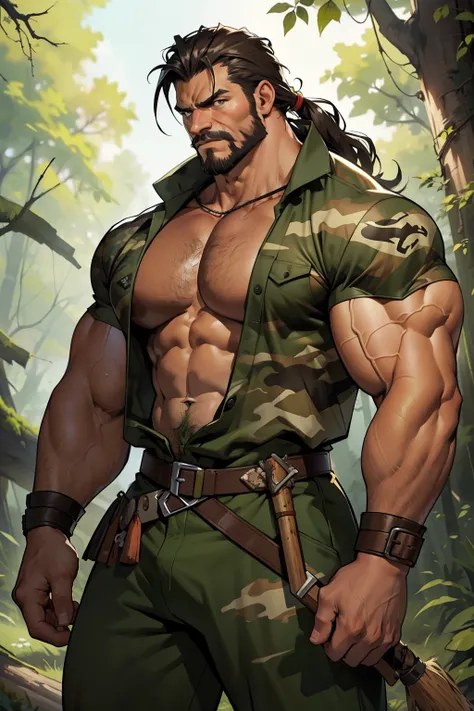 (Masterpiece, High Definition: 4k, 8k, Best Quality), Kraven the Hunter, muscular giant, flexing, massive biceps, bulging muscles, green and brown camouflage outfit, prominent veins, fierce hunting stare, broad shoulders, waist belt with hunting tools.