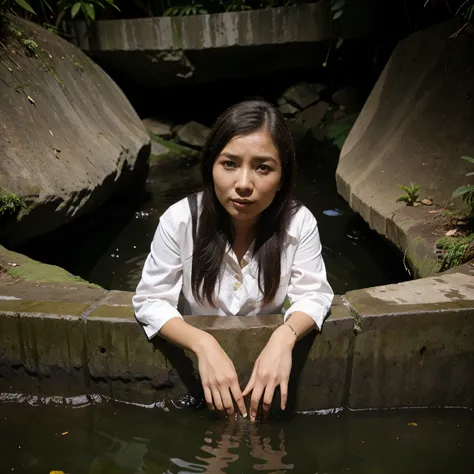 Seorang cewek cantik sedang duduk di bawah air terjun