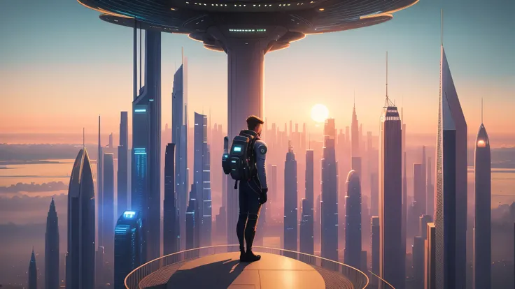 a man standing on a path looking at a city with a sunset in the background, in a future city, beautiful city of the future, depicted as a scifi scene, in front of a sci fi cityscape, futuristic setting, futuristic world, in fantasy sci - fi city, science f...