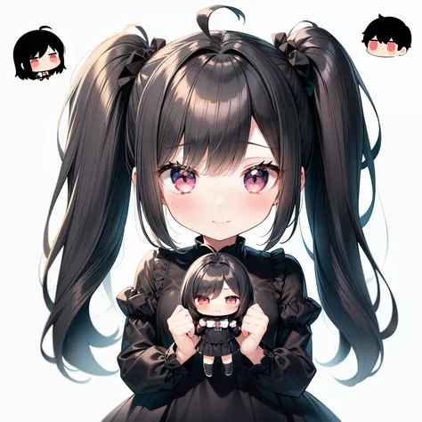 highest quality, very detailed, (black dress),  (((with a girl))), (((alone))), Happy, (black twin-tails), black eye, whole body, ((I have a boy doll that I can hold in one hand.))), Ahoge, (((deformed))), (((chibi character))), , (Simple white background,...