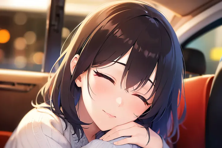 Tilting head, cinematic angle, real person, RAW photo, photorealistic, portrait photography, shiny skin, japanese idol, 25 year old woman with bangs、(medium hair) and (brown hair), white V-neck Blouse, cleavage, sleeping、(closed eyes:1.2), The background i...