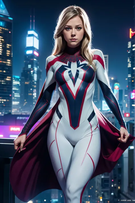 Melissa Benoist as Spider Gwen, Front Full body Shot, full body portrait, futuristic city background