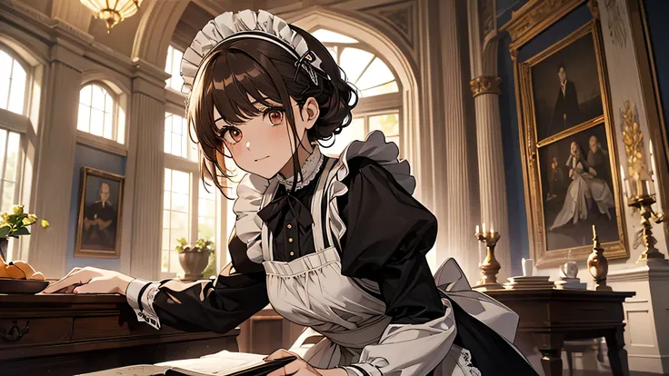 masterpiece, best quality, 1 girl, ma1, maid, maid headdress, brown eyes, long sleeves, maid apron, white apron, maid, victorian style, in castle