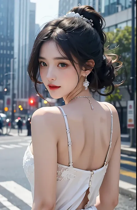 ((adilin, wearing glass, black hair)), casual posture, (An extremely delicate and beautiful work), (masterpiece), 1 girl, Extremely detailed and elegant wedding dress, crown, Very detailed, Ponytail Contortion, charming expression, beautiful and clear eyes...