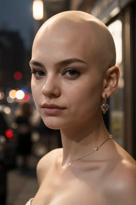 ((best quality)), ((masterpiece)), (detailed), perfect face, girl has her head shaved smooth, girl, outside in city at night, piercing in both nostrils, she has nose piercings, she has a shiny bald head