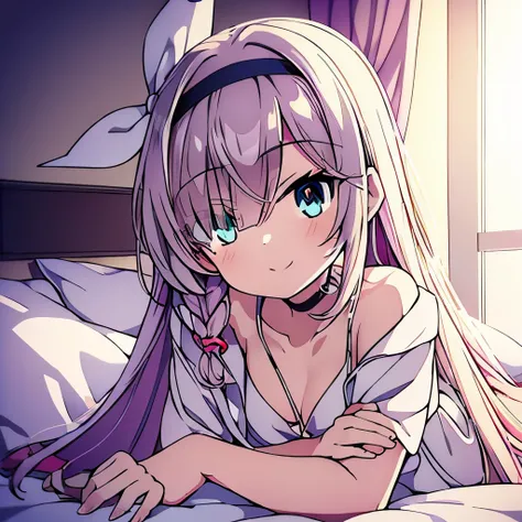 ((masterpiece)), ((best quality)), (ultra-detailed), anime style, on the bed, a cute girl, 1girl, solo, pajama00, ((beautiful eyes)),smile