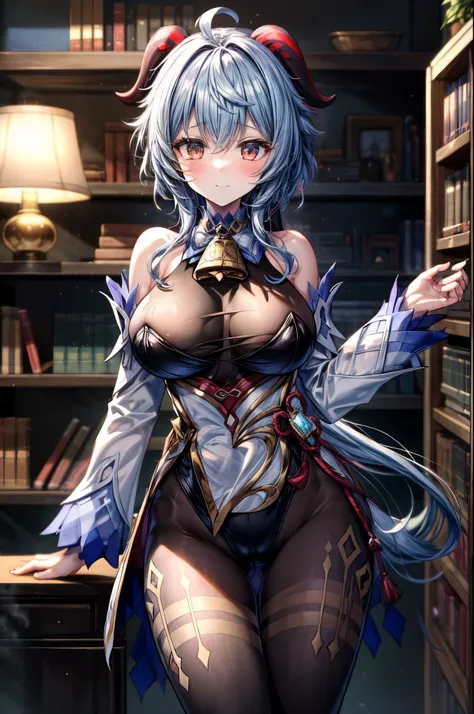 Solo, 1girl, Ganyu (genshin impact), Baby Blue Fluffy Hair, Medium Length Hair, Red Goat Horns on Head, Large Breasts, Narrow Waist, Wide hips, Thick Thighs, Big Round Ass, Black Halterneck Leotard, Golden Cowbell Necklace, White Tailcoat: Golden Trim, Bla...