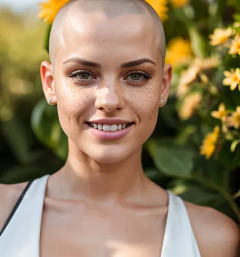 Hyper-realistic and detailed shot of a headshaved woman .souriante de 25 ans . outside. Le soleil brille. Des yeux parfaits, (maquillage des yeux:1.1), (seins parfaits), (Highly detailed skin:1.1), ......RAW, style analogique, mise au point nette, 8K UHD, ...