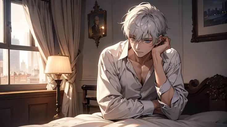 A white-haired man, at night, sitting alone in front of the window, wearing a white shirt, the lamp next to the bed is warm, and outside the window is the night of the city, gentle, gentle face, delicate facial features, perfect light and shadow, masterpie...