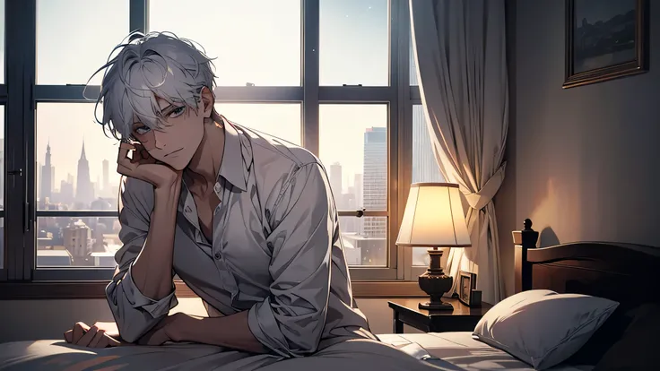 A white-haired man, at night, sitting alone in front of the window, wearing a white shirt, the lamp next to the bed is warm, and outside the window is the night of the city, gentle, gentle face, delicate facial features, perfect light and shadow, masterpie...