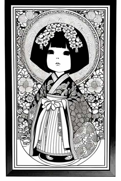 best quality, Ink style drawing, Japanese doll, monochrome