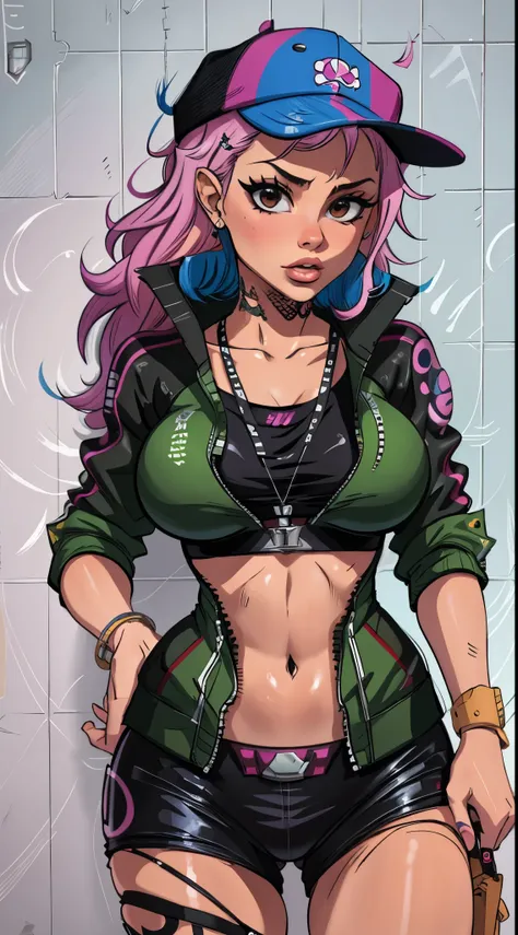 xsty,(1girl),(sassy expression),(punk style:1.2),with edgy clothing and accessories,in an urban graffiti-filled environment,(graffiti art:1.1),creating a rebellious and urban vibe.,