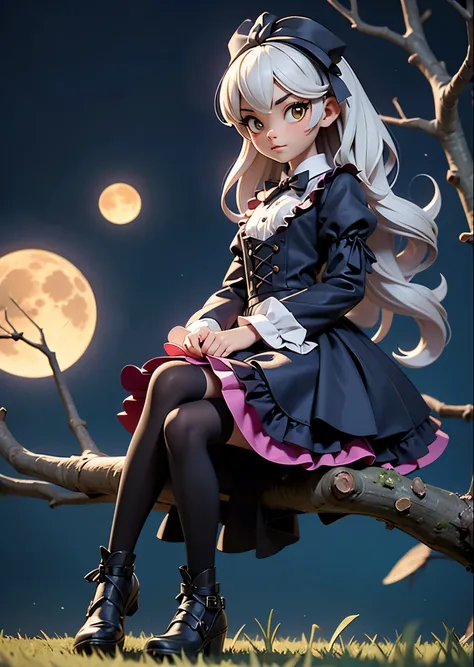 Halloween、Cosplay Girl、lolita fashion、1 girl、1 teenager、sitting on the thick branch of a tall tree、Yellow Moon、Dead trees、Dead grass、bat、3D