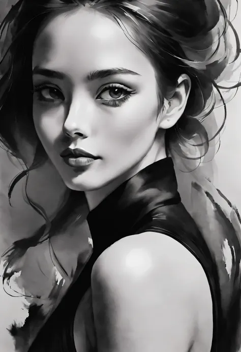 beautiful woman portrait in ink style，black and white，smooth lines，expressive eyes，delicate lips，flowing ink contrast，emphasis o...