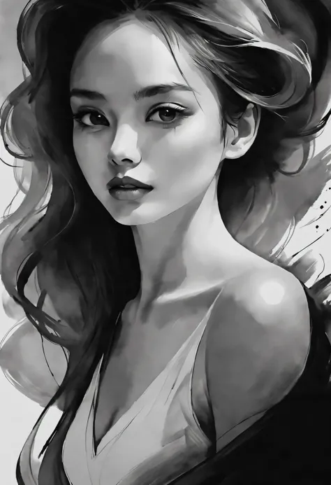 Beautiful woman portrait in ink style，black and white，smooth lines，expressive eyes，delicate lips，flowing ink contrast，Emphasis on expression，Contrast between light and shadow，Subtle background，simple composition，Atmosphere of light and space，black ink stro...