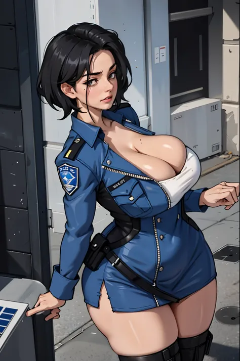 Close-up of a policewoman in a police uniform posing for a photo, Short black hair, Light blue shirt, blackminiskirt, Jumpsuits, Black boots, Busty, Sexy girl, Jaw-dropping beauty, with beautiful exotic, cleavage, Very sexy, Looks hot, jaw-droppingly beaut...