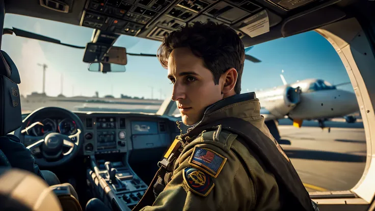 arafed man in a military uniform sitting in a plane, a portrait inspired by Mark A. Brennan, shutterstock, cobra, top gun maverick, screenshot from a movie, shot from movie, movie still 8 k, fighter pilot in the cockpit, film still from top gun 1986, col p...