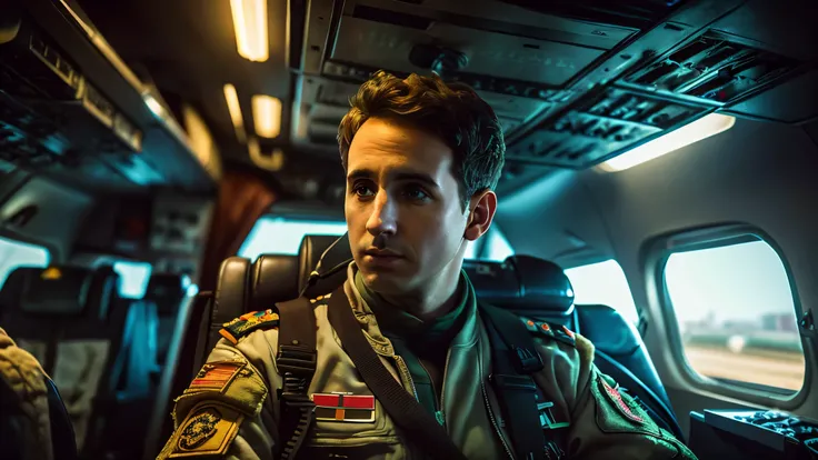 arafed man in a military uniform sitting in a plane, a portrait inspired by Mark A. Brennan, shutterstock, cobra, top gun maverick, screenshot from a movie, shot from movie, movie still 8 k, fighter pilot in the cockpit, film still from top gun 1986, col p...