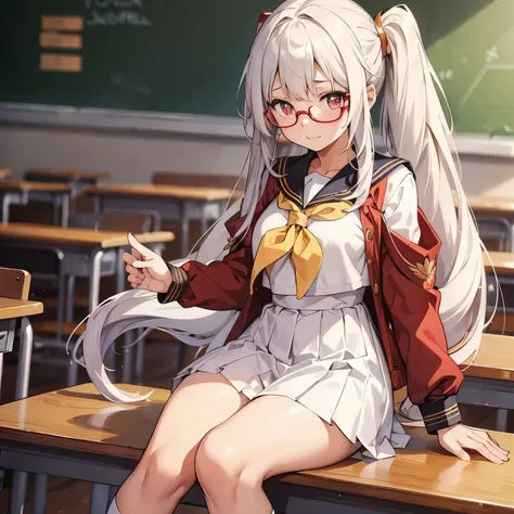 16-year-old girl，long white hair，Double tail，red pupils，Gold-tone glasses，Sailor suit，classroom