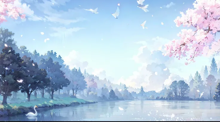 Lake with a swan and a flock of birds, Anime beautiful peaceful scene, anime background, beautiful anime scene, beautiful anime scenery, anime background art, anime scenery壁纸, anime nature wallpap, landscape artwork, anime scenery, background artwork, fant...