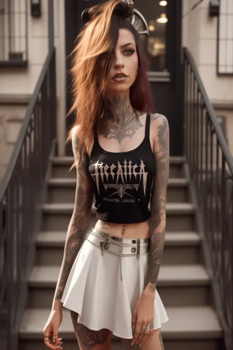 arafed woman with tattoos and a skirt posing for a picture, metalhead, heavy metal style, metal bikini, metal body, by Micha Klein, inked, with tattoos, heavy metal, metalic reflection, aleksandra waliszewska, realistic metal, [ metal ], metal shaded, tumb...