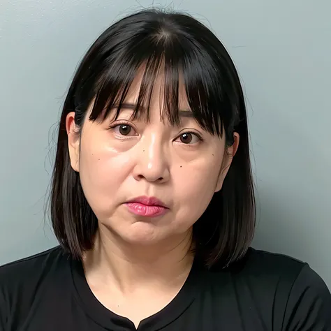 wearing a black T-shirt,background is black,whole head,Chubby,BMI29,Im about to cry, troubled face, japanese woman, 55 years old, close up of face, wrinkles around the eyes, double fold, I used to be an idol, cute, have bangs, bob hair, midium black hair, ...