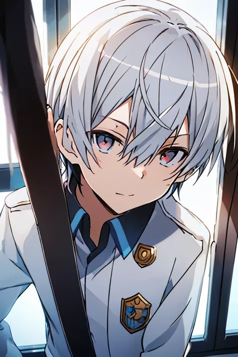 (high quality, thrilling),(expressive eyes, perfect face), 1 boy, male, alone, short, little boy, short white hair, red eyes, Uniforms, in class, beside a window, blue sky