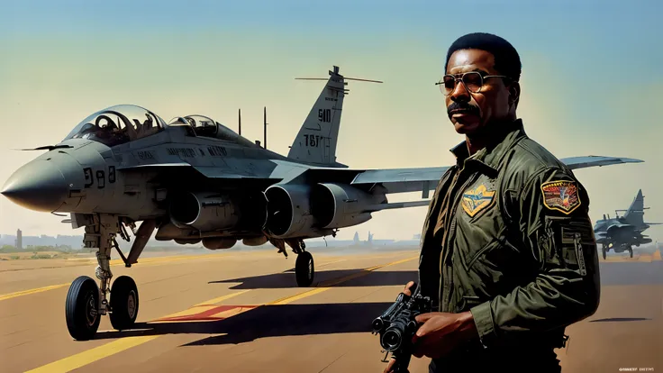 black, Carl Weathers of Top Gun, wearing glasses, no facial har, vhs effect, (poster: 1.2), poster on the wall, nostalgia, movie poster, (skin texture), intricately detailed, fine details, hyperdetailed, ray tracing, subsurface scattering, diffuse soft lig...