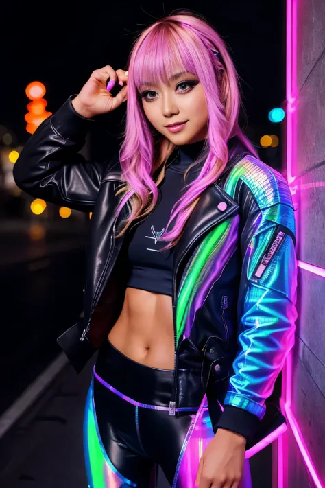 highest quality, super detailed,
BREAK
20-year-old girl, one girl, blonde, medium hair, half Japanese and American, Japanese gal, beautiful girl, big eyes, crisp double, outstanding style, tanned brown skin,
BREAK
(Futuristic leather jacket with neon trim,...