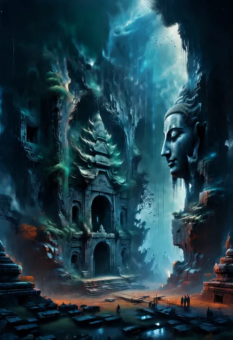 scenography，Very unified CG scenes，（well worn），（dense teeth），light painting style， Beautiful detailed in， Aerial style, Double exposure style, Beautiful detailed ， 
（An ancient and mysterious huge Buddhist door hangs in the ruins，Connect different time and...