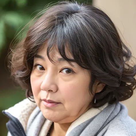 Saggy cheeks、big face、Are fat、Chubby,BMI29,I almost cry, troubled face, japanese woman, 55 years old, close up of face, wrinkles around the eyes, cute, have bangs, Fluffy perm hair, Gray-haired shorthair, troubled face, lowered eyebrows, complete lacrimal ...