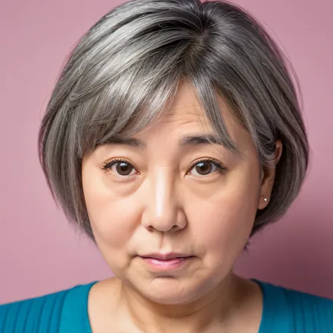 Saggy cheeks、big face、Are fat、Chubby,BMI29,I almost cry, troubled face, japanese woman, 55 years old, close up of face, wrinkles around the eyes, cute, have bangs, Gray-haired shorthair, troubled face, lowered eyebrows, complete lacrimal duct,45 degree ang...