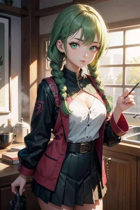 mitsurikanroji, mitsuri kanroji, braid, gradient hair, (green eyes:1.5), green hair, long hair, mole, mole under eye, multicolored hair, pink hair, twin braids, two-tone hair, BREAK belt, black skirt, cleavage, coat, demon slayer uniform, haori, japanese c...