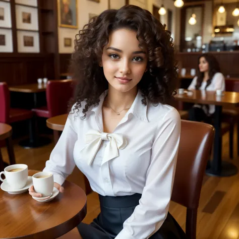 WOMAN WITH CURLY HAIR, skirt and blouse, detailed seductive eyes sitting in a cafe, wearing a white shirt and a bow, surrounded by a cozy atmosphere, looking at the viewer. flirting with the camera.