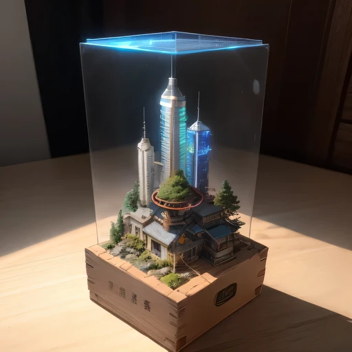 small realistic model, (bifurcation, original photo, best quality, masterpiece:1.4),Steampunk Cyberpunk 3916,(Cyberpunk light:1.3),on the table,horizon (related to land),(in a small nature box:1.3),Isometric, small nature, landscape on foundation,landscape...