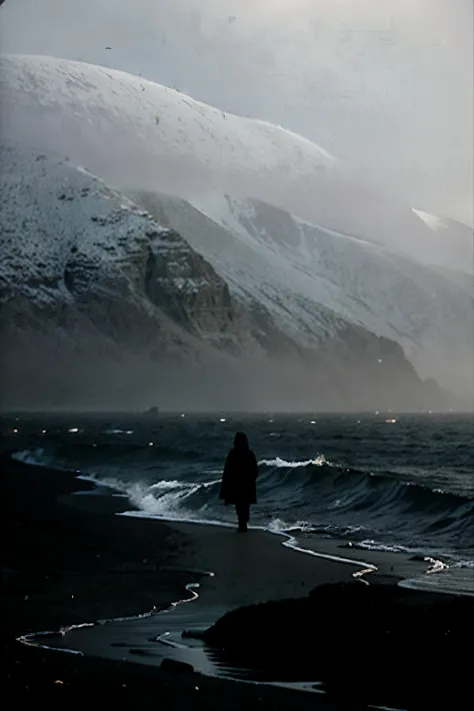 there is a person walking on the beach in the fog, lone person in the distance, lone dark figure!!, sense of mystery and loneliness, lonely human walking, dark fog surrounds him, distance fog, fading off into the distance, nadav kander, loneliness, lonely ...