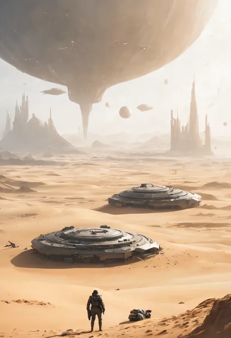 A beautiful art where Some persons looking around, Dune concept art，Clean and neat tones，Sci-fi base scene，Huge scene，Square-shaped complex，huge buildings，There are many ships in the air，Size contrast，Big scenes of war，smog，epic concept art，Fine 8K，vray，Wa...