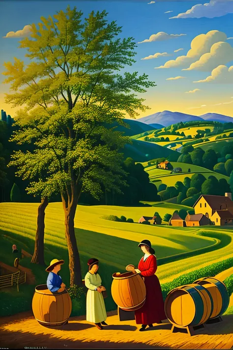 A naive art vineyard oil painting with well-defined strokes: 1.3 (tranquil scene), 2. (peaceful woman), barrels of oak and grapes are harvested – 3.

A serene naive art vineyard oil painting, 1.3 (intricately detailed), 2. (calm figure of a woman), with we...