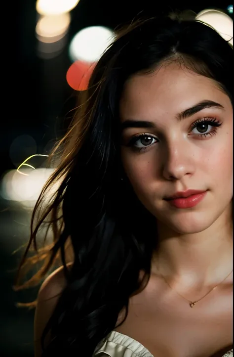 instagram photo, closeup face photo of  a young Anne Hataway in dress, beautiful face, makeup, night city street, bokeh, motion blur, full body