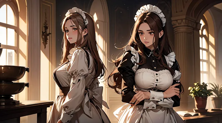 a beautiful girl, thick brown hair, brown eyes, plump lips, face detailed, wearing underwear, with white hair maid beside her, looking at her, a maid called her quietly and ask her, but she didn’t reply. Perhaps she was unable to withstand the long silence...