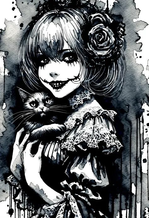 (((ink style art:1.3))), Gothic girl with a creepy smile, realism style, black cat hug, gothic dress, medium cut, portrait angle, high quality, detailed, delicate brush strokes, (((Enhanced ink atmosphere:1.2))),