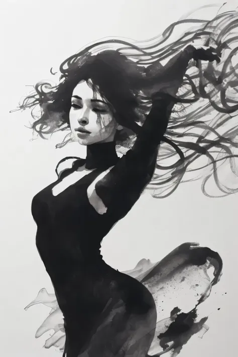 ink style figures, dancing woman, hair blowing in the wind,