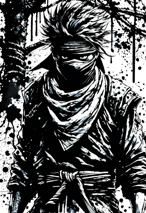 (((ink style art:1.3))), Guerrilla inspired by ninjas, realism style, sharp gaze, bandana and bandana mask, messy hair, Upper body, background dripping tree, cinematic angle, high quality, detailed, (((Enhanced ink atmosphere:1.3))),