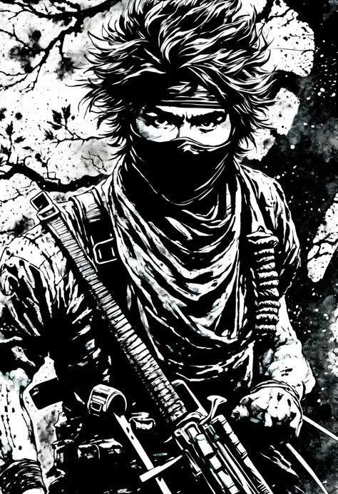 (((ink style art:1.3))), Guerrilla inspired by ninjas, realism style, sharp gaze, bandana and bandana mask, messy hair, Upper body, background dripping tree, cinematic angle, high quality, detailed, (((Enhanced ink atmosphere:1.3))),