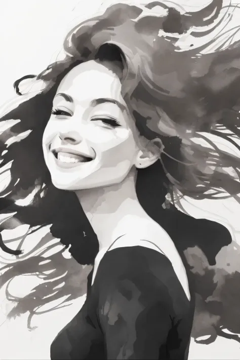 ink style figures, woman, hair blowing in the wind, smile,