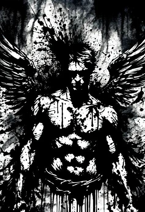 (((ink style art:1.3))), Theme of hell and the upper body of an angel, dark style, blackmail, dripping feather background, below angle, high quality, detailed, (((Enhanced ink atmosphere:1.3))),